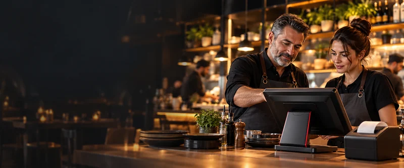 A restaurant owner and a staff member looking at the RestoPOS till screen