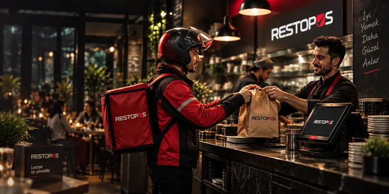 A courier collecting a delivery order at a fast food counter, with a RestoPOS till behind
