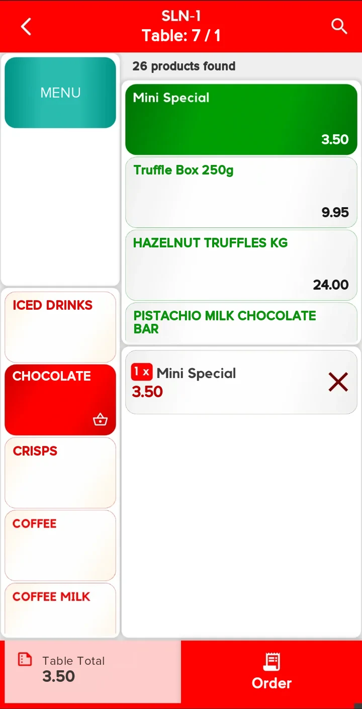 Order screen: menu groups on the left, items and prices on the right, the basket below, the table's total and the order button at the bottom