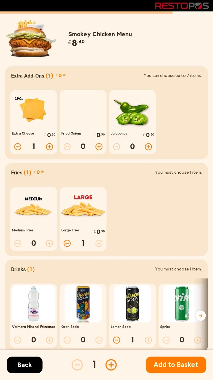 Meal selection: extras, fries size and drink groups; the price updates with each choice, with an add-to-basket button