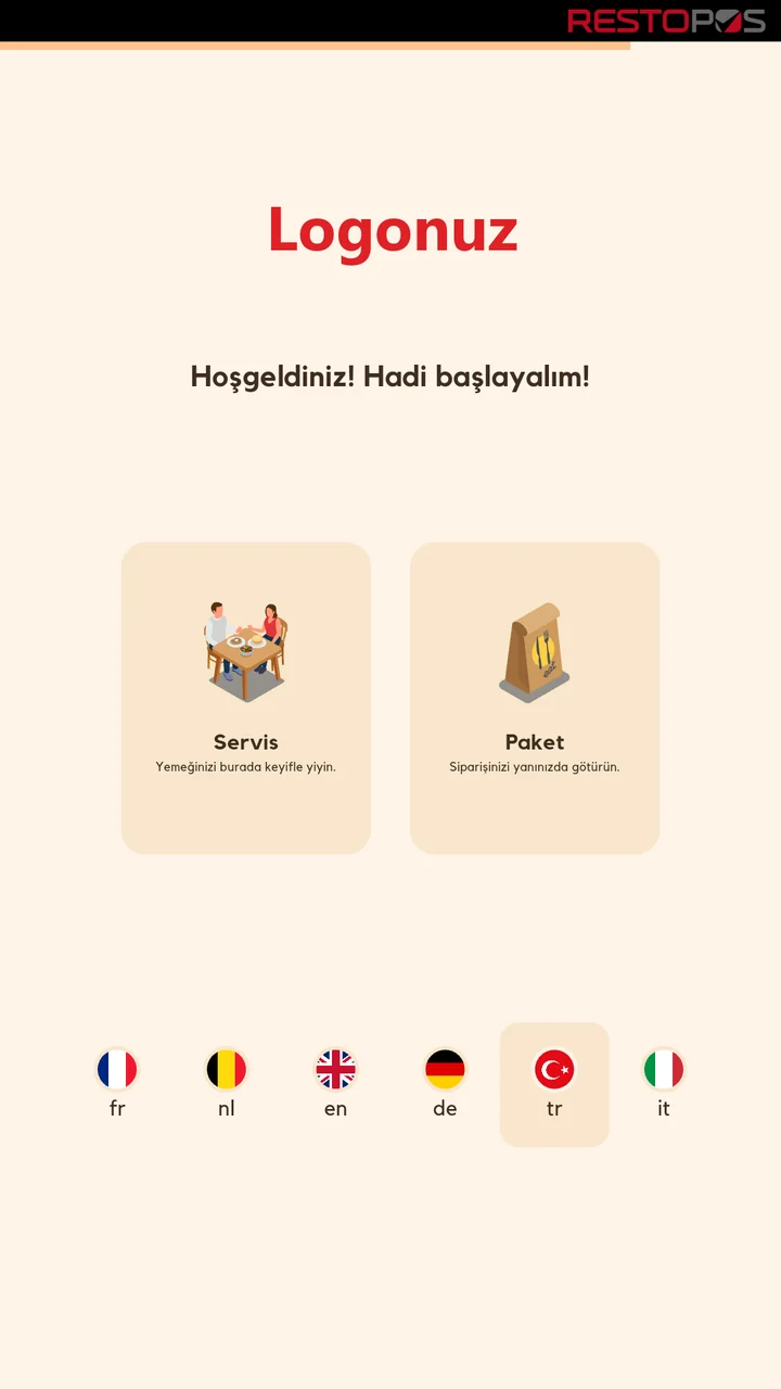Welcome screen in Turkish: welcome greeting with eat-in and takeaway options