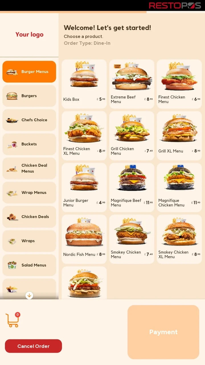 Menu screen in English: categories with images on the left, burger meals with prices in pounds on the right, basket and payment button at the bottom