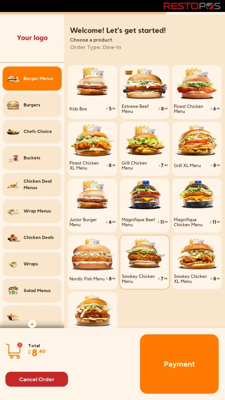 Menu screen: one item in the basket, total £8.40