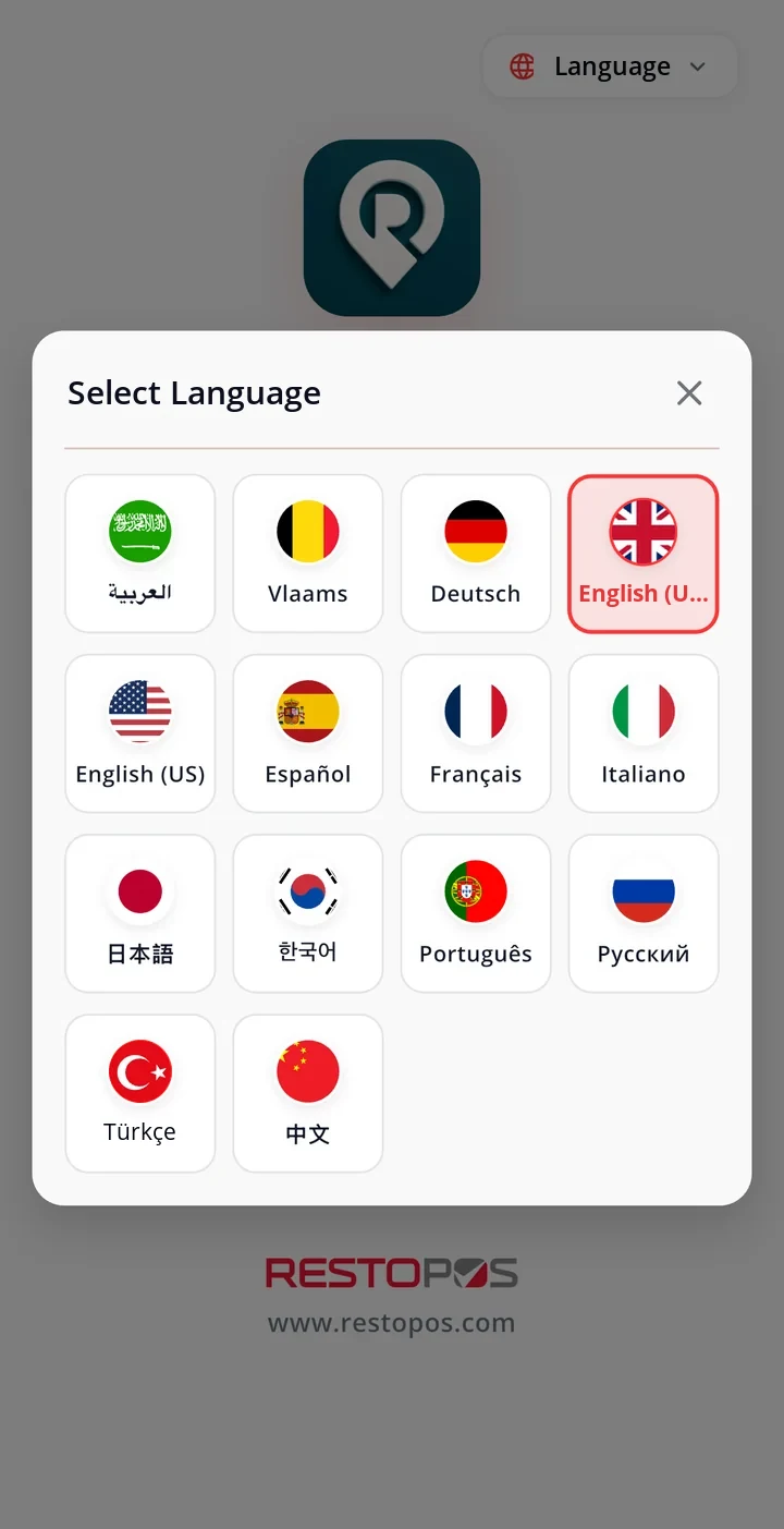 Language Selection window: 14 languages with flags, English (UK) selected