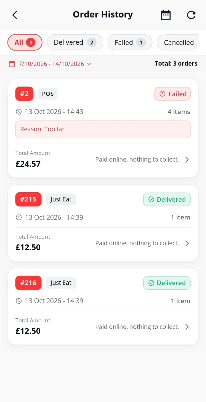 Order History: All, Delivered and Failed filters with their counts, date range, 3 orders in total, and Reason: Too far on the failed order