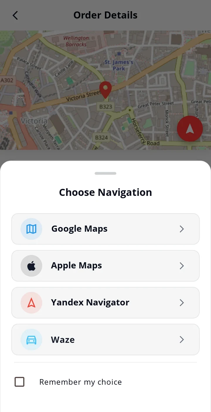 Choose Navigation: Google Maps, Apple Maps, Yandex Navigator, Waze and a Remember my choice box