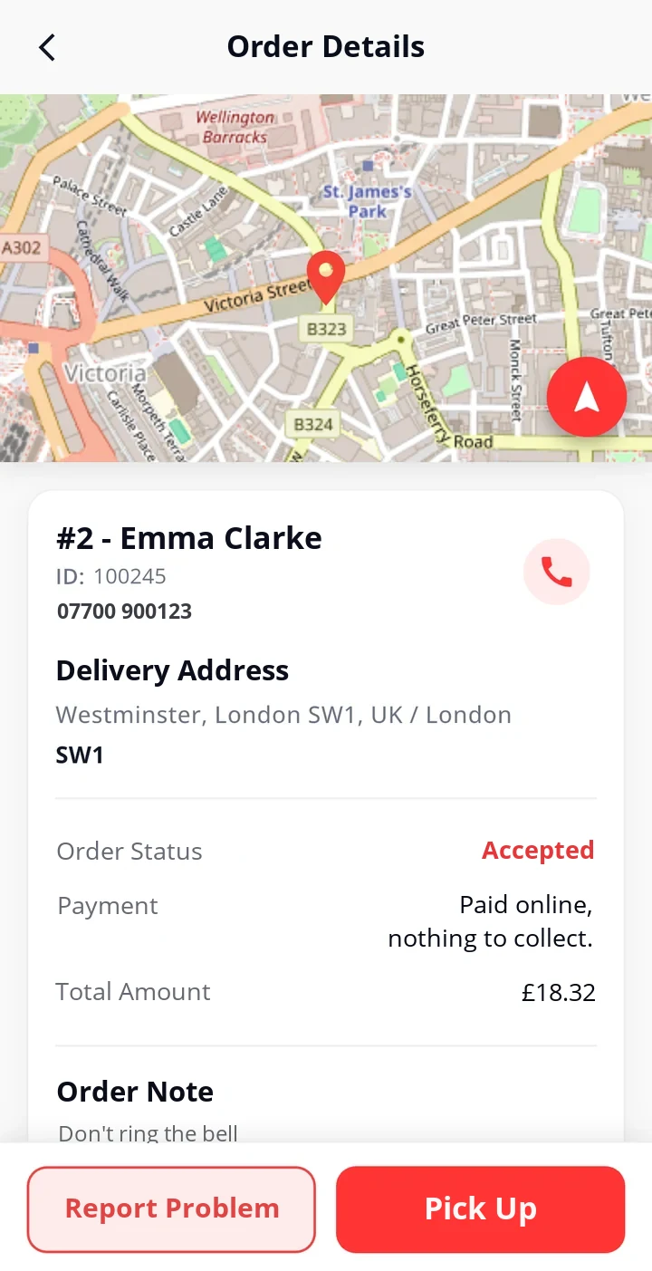Order Details: delivery address on a map at the top; below it the customer, delivery address, order status, payment details and total amount; Report Problem and Pick Up buttons