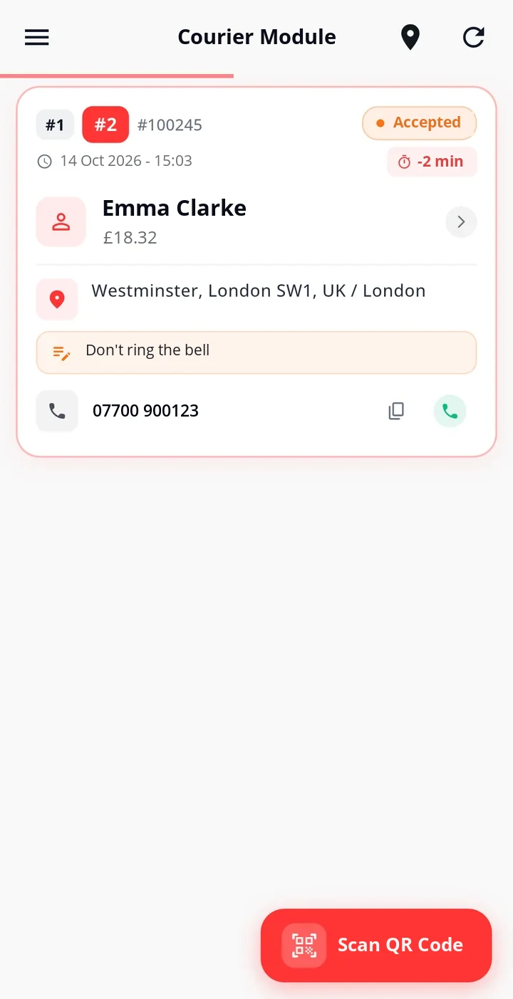 Courier Module: the next order card with customer name, amount, address, order note, phone number and delay timer; Scan QR Code button at the bottom