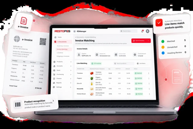 RSManager invoice matching screen on a laptop: five line items of an incoming e-invoice matched with products in the system; alongside it, the e-invoice document and a matching summary