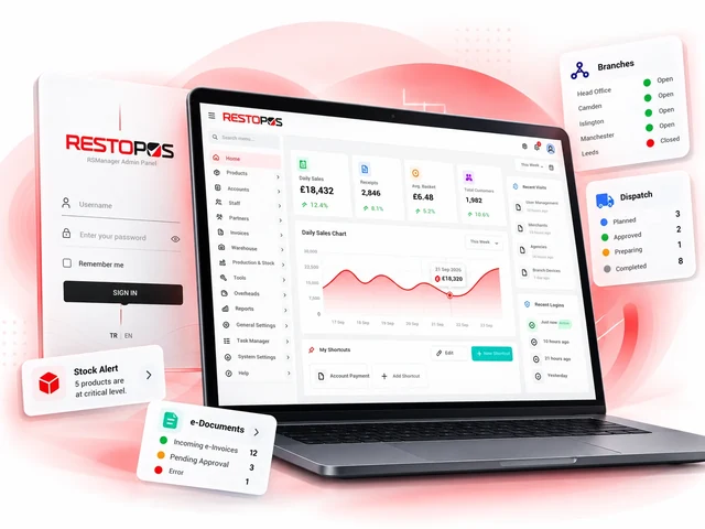 RSManager web panel on a laptop: daily sales, receipt count and sales chart; alongside it, the login screen and cards for branches, transfers, stock alerts and e-documents