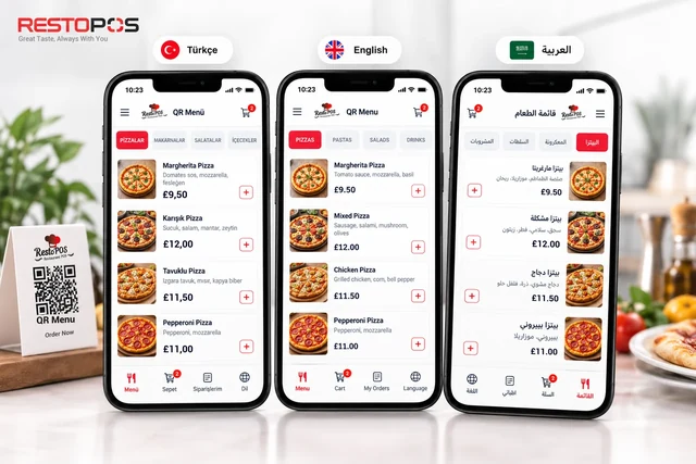 QR menu on three phones in Turkish, English and Arabic; the Arabic screen is laid out right to left