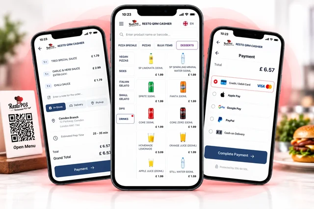 RSManager QR Menu on three phones: basket and delivery, product menu and payment screens; a QR menu stand on a table in the background