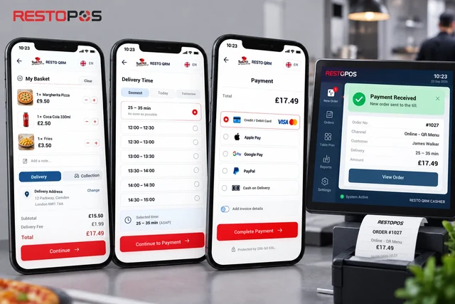 Online ordering with RSManager QR Menu: basket, delivery time and payment steps on three phones; next to them, a till screen and receipt showing a paid order