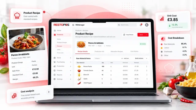 RSManager product recipe screen: the raw-material items and unit cost of a portion of pasta; alongside it, cost breakdown cards