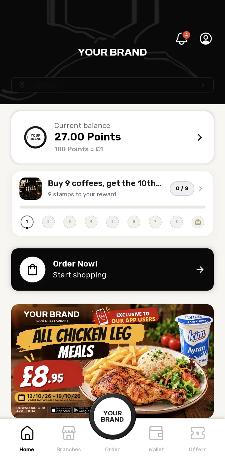 Home screen of a café app: Points balance, a buy 9 coffees, get the 10th free stamp card, an Order Now button and a meal offer banner