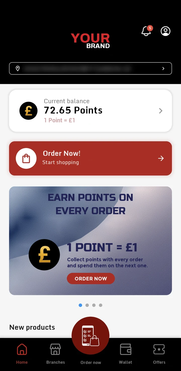 Home screen of the loyalty app: Points balance, an Order Now button and a promo banner about earning points on every order