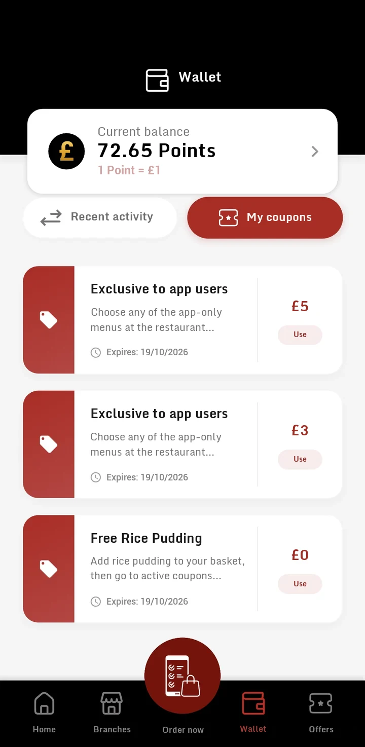 Coupons in the app wallet: three coupons with their amounts and expiry dates