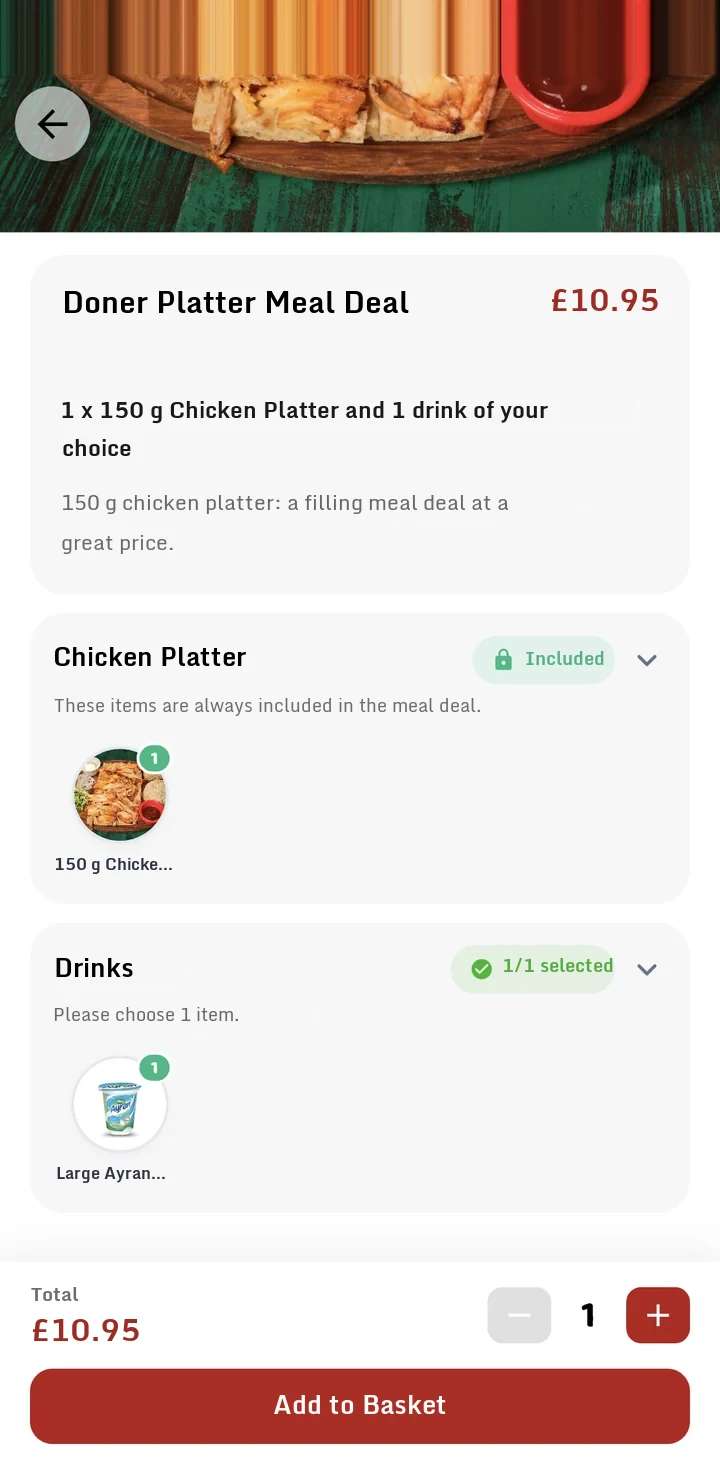 Meal deal item: chicken platter included in the meal deal and a chosen drink, with an add to basket button