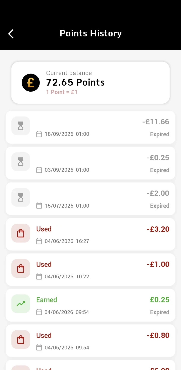 Points history screen: earned, used and expired points transactions with their dates