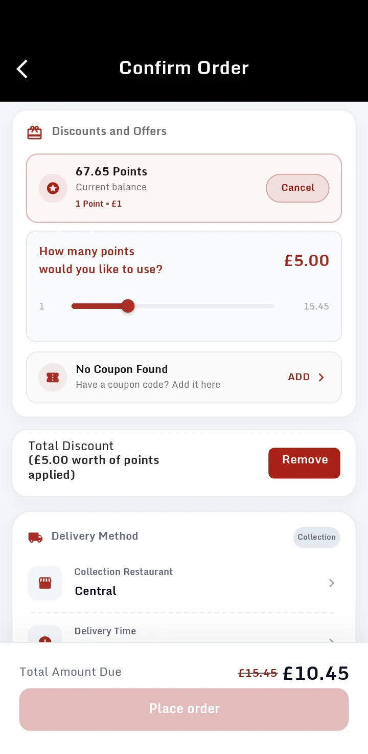 Order confirmation screen: the guest uses the slider to apply £5.00 of points to a £15.45 basket, bringing the amount due down to £10.45