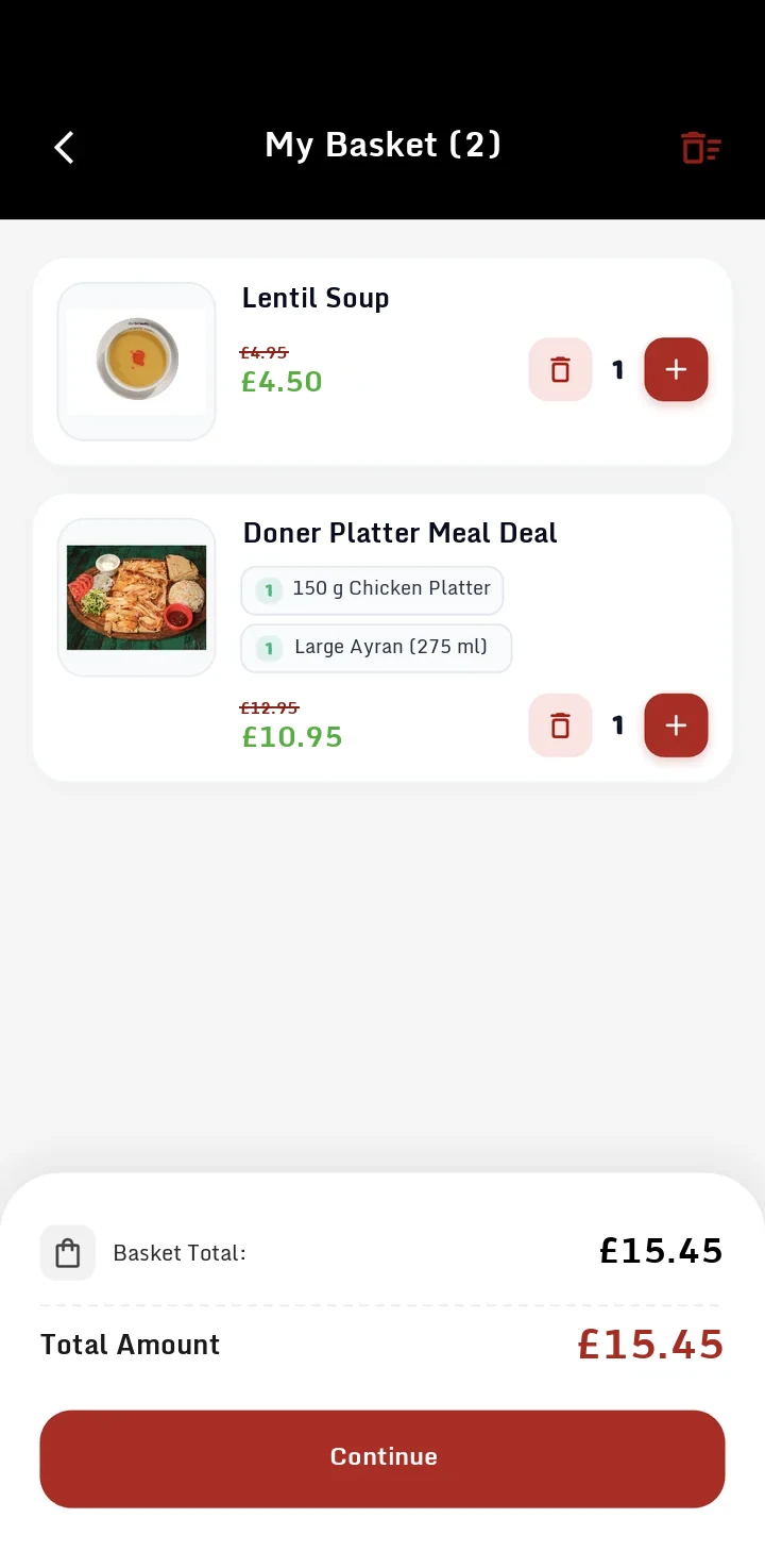 Basket: two products, meal deal contents and the total amount