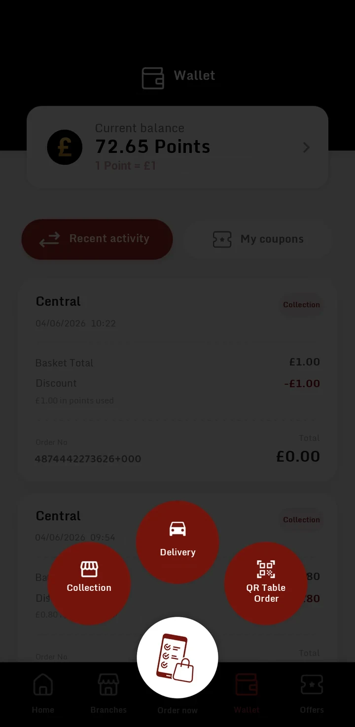 Options shown after tapping the order button: Collection, Delivery, QR Table Order