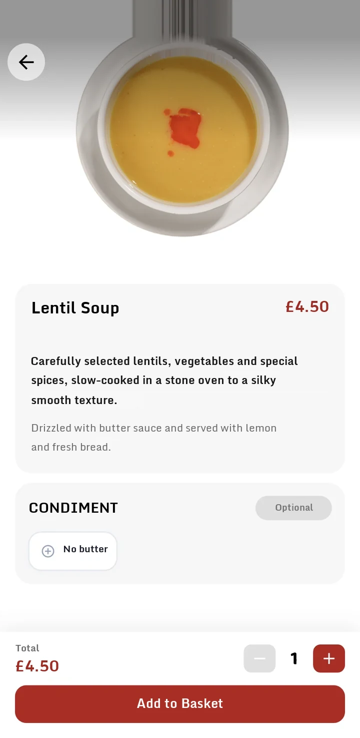 Product details: lentil soup description, optional condiment choice and an add to basket button