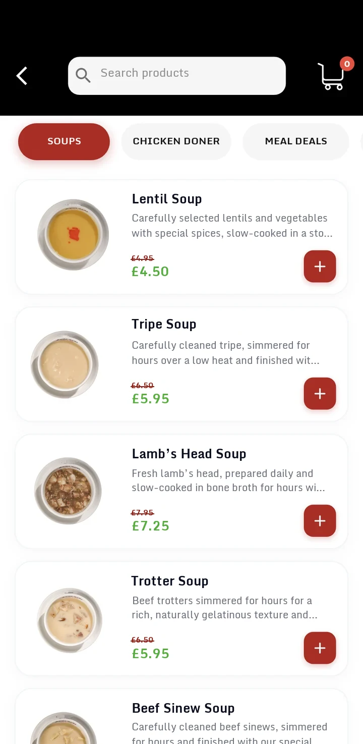 Product list: products with images in the soups category, with original and discounted prices