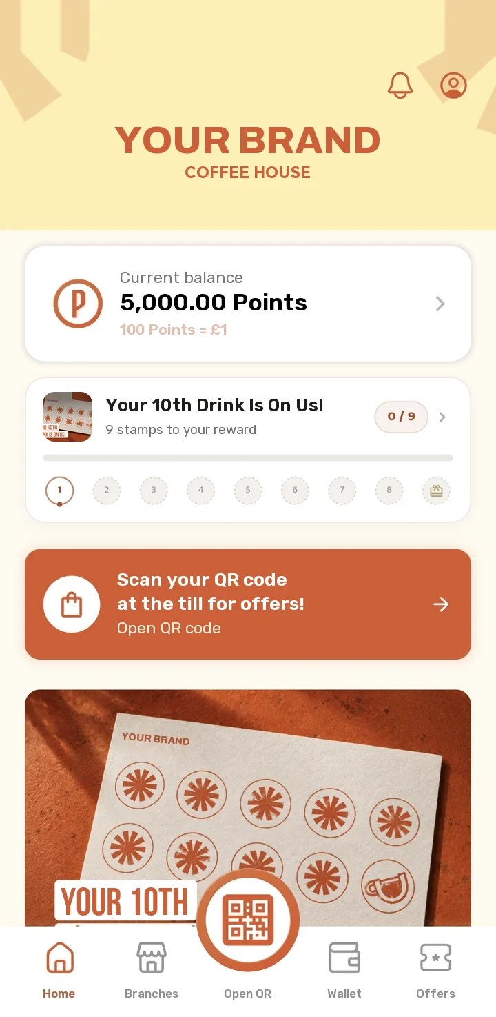 Home screen of a café loyalty app: Points balance, stamp card progress and a prompt to scan the QR code at the till for offers