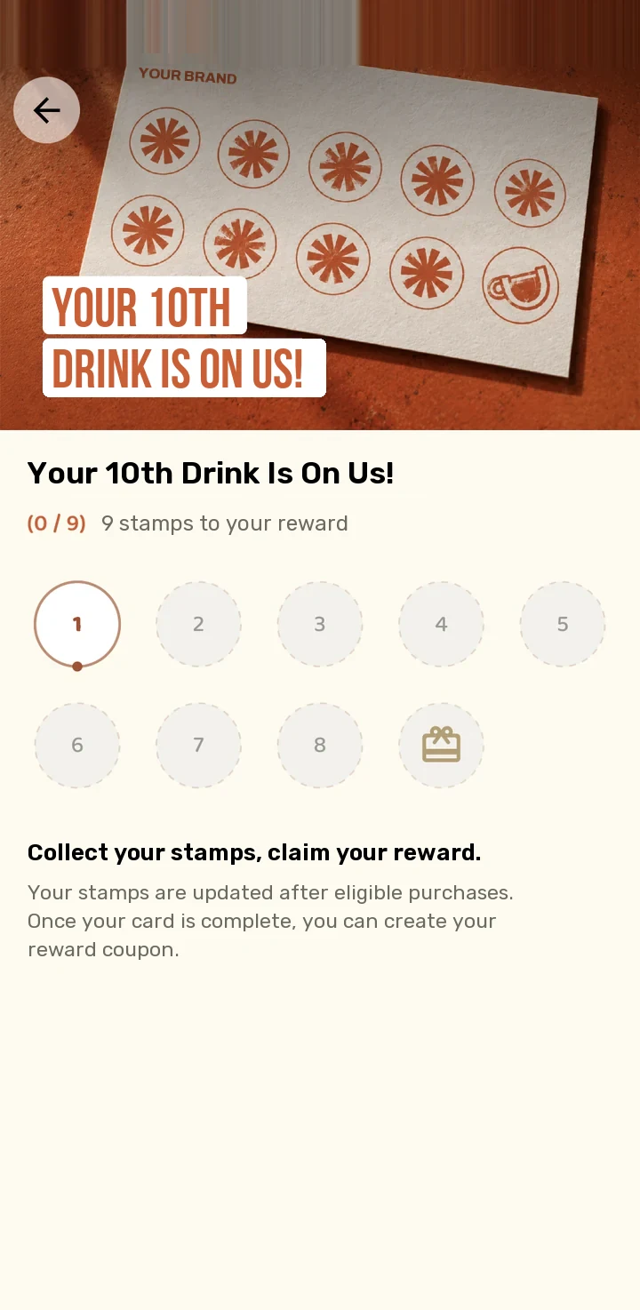 Stamp card: Your 10th drink is on us, nine stamp slots and a gift box at the end