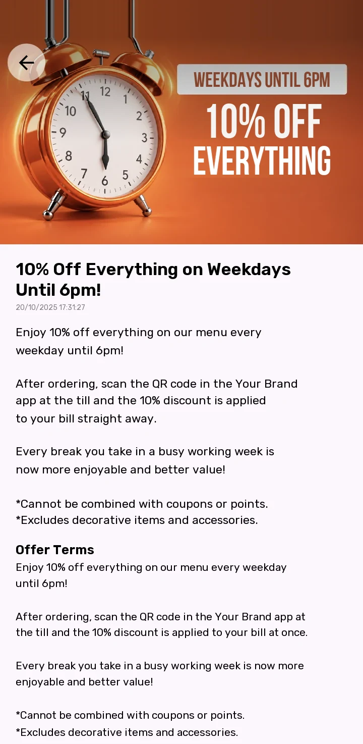 Offer details: 10% off everything on weekdays until 6pm, with a description and the offer terms