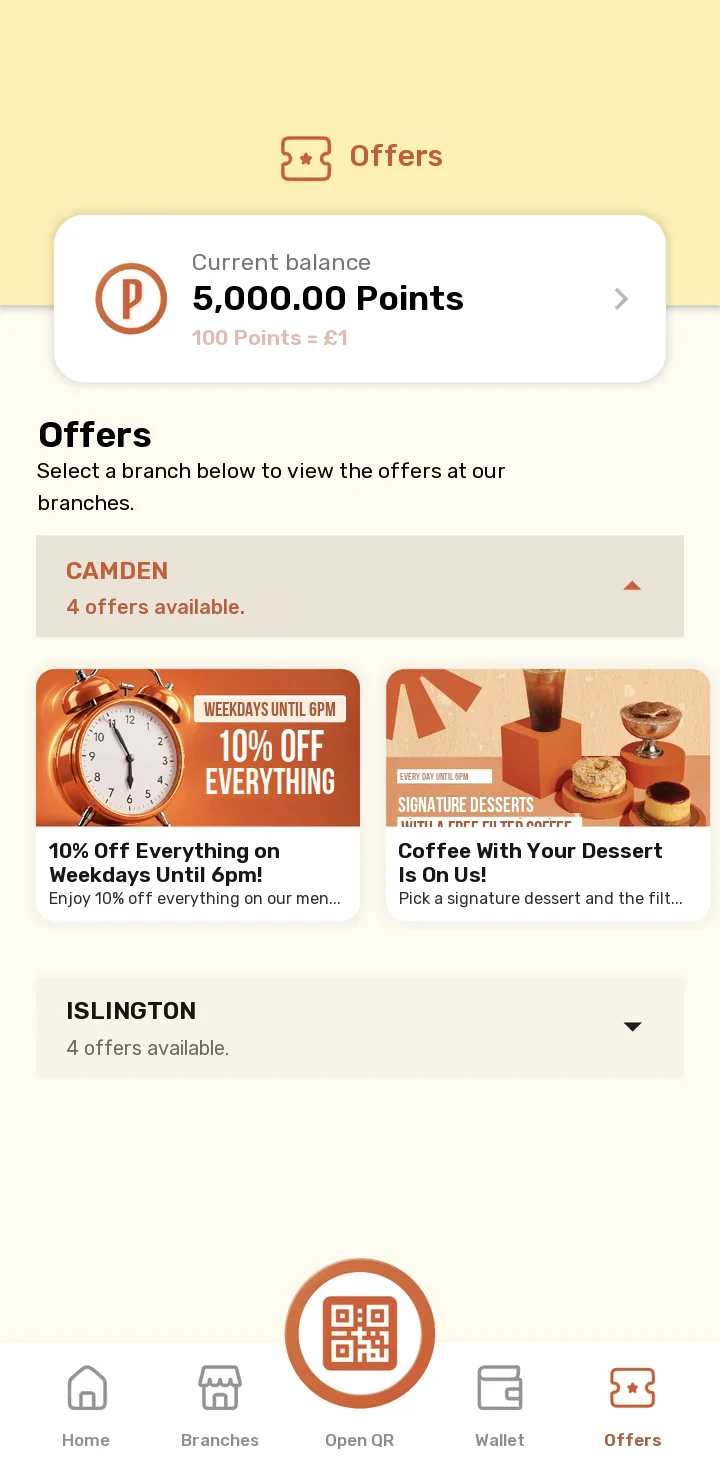 Offers screen: offers grouped by branch and offer cards with images