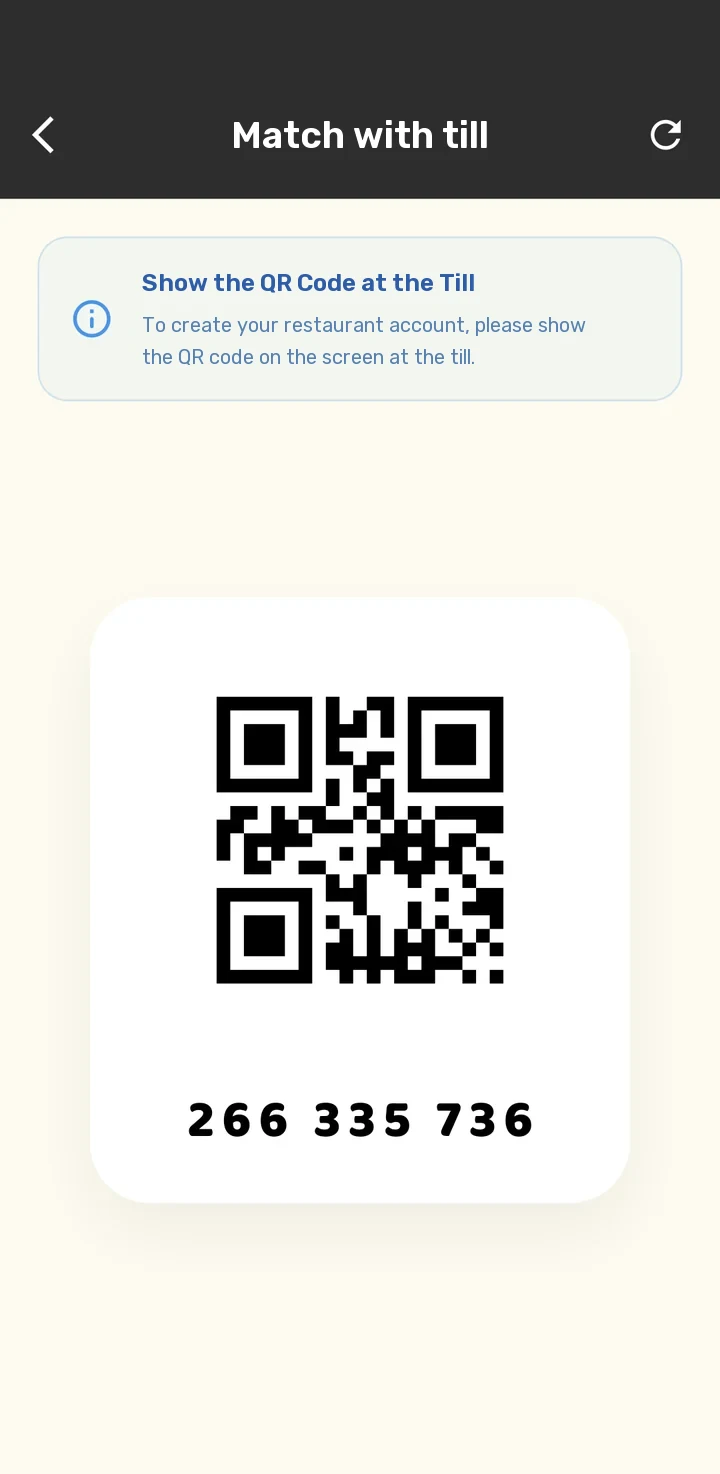 Match with till screen: the QR code and code number the guest shows at the till