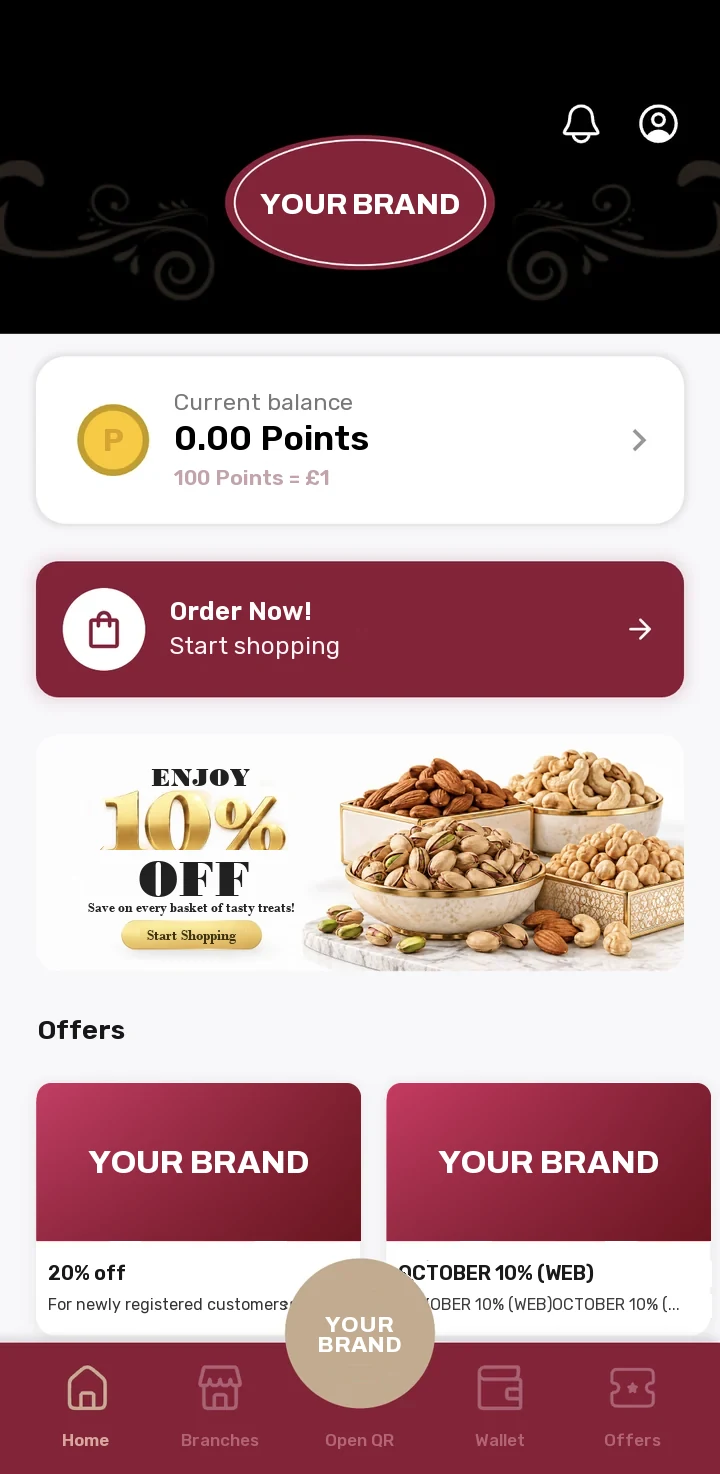 Home screen of a nut shop app: Points balance, an Order Now button, a 10% off your basket banner and offers
