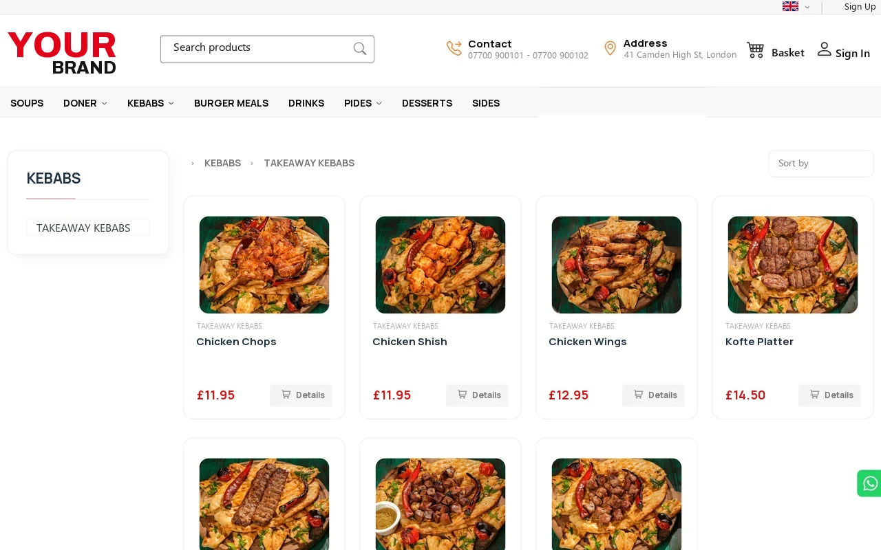 Ordering website of a restaurant: product cards with images and prices in the takeaway kebabs category