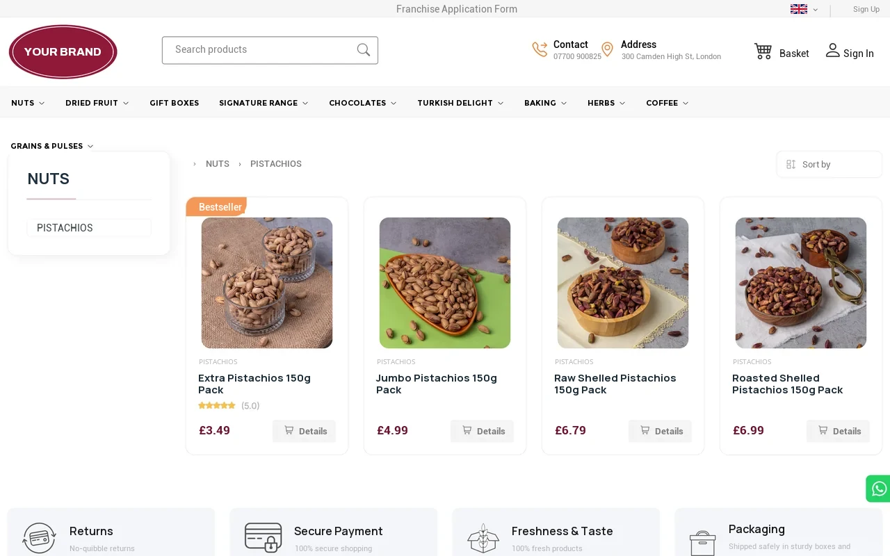 Online shop of a nut retailer: products, prices and a bestseller label in the pistachios category